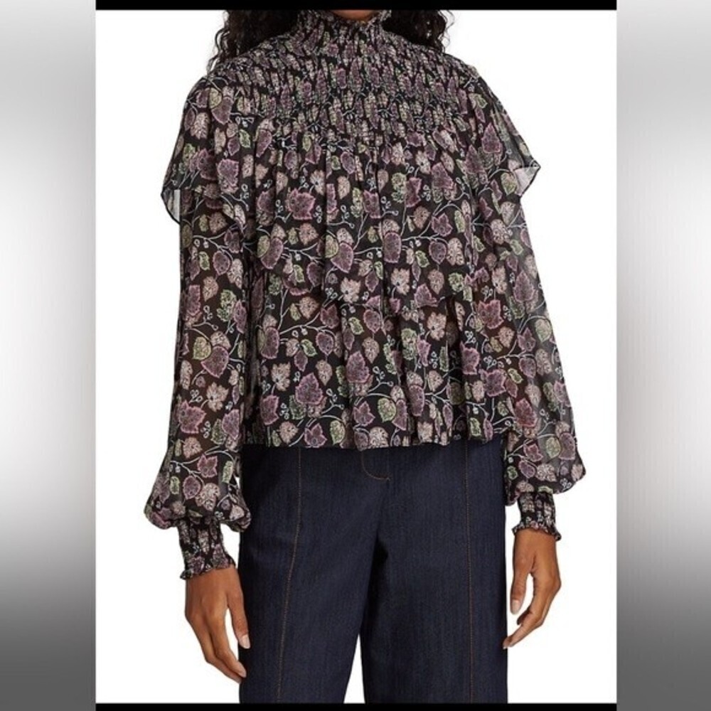 cinq a sept drew georgette floral ruffle smocked blouse